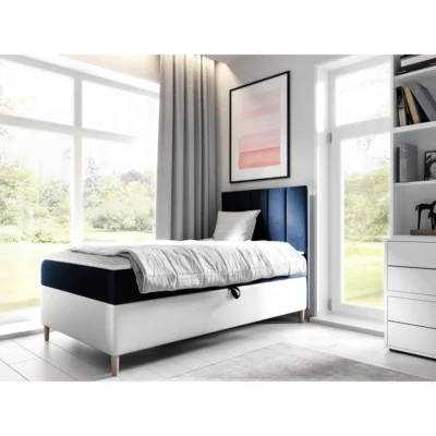 MIRJAN24 Boxspringbett MAJA JUNIOR 1 in Weiß, Blau, Liegefläche 80x200 cm – mit Bettkasten, Bonellfederkern